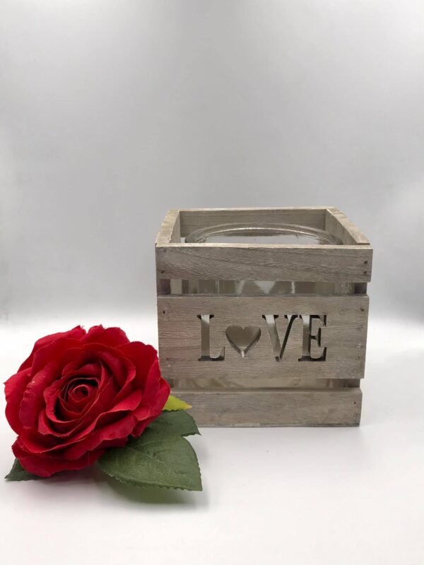 Ξύλινο διακοσμητικό "Love" με γυάλινη θήκη για κερί 12 εκ.