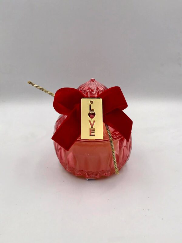Γυάλινο ροδί βαζάκι με κερί διακοσμημένο με κορδέλα και "Love" 9 Χ 7 εκ.