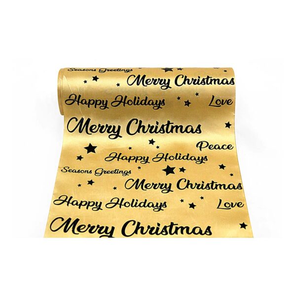 Ύφασμα σε χρυσό χρώμα με μαύρα γράμματα "Merry Christmas, Happy Holidays", 24 εκ. Χ 5 μέτρα